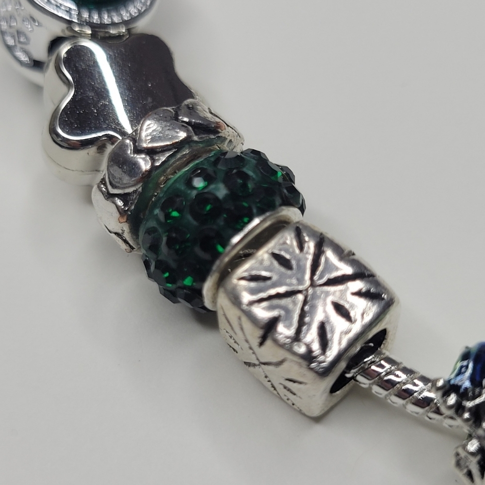 NWT Pandora Style Frog And Dragonfly Snake Chain Charm Bracelet Green Silver M/L - Picture 8 of 9